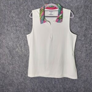 Tommy Bahama Women Polo L Performance Sleeveless‎ Golf Shirt White Tropical Zip